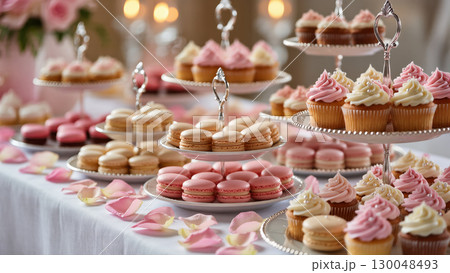 Elegant dessert table with cupcakes and macarons in soft pastel tones, arranged on stands with petals and candles for a romantic celebration. 130048493