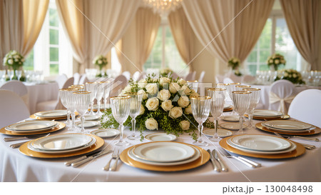 Luxury wedding banquet hall setup with elegant white roses centerpiece, gold-rimmed glassware, and formal table setting in a bright interior. 130048498