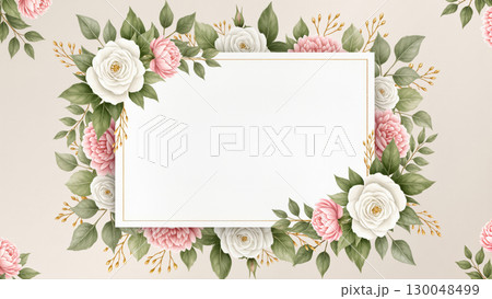 Elegant floral wedding invitation card with white and pink flowers and green leaves on a beige background Elegant floral wedding invitation card with white and pink flowers and green leaves on a beige background 130048499