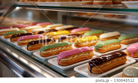Colorful glazed eclairs with cream filling displayed on trays in a pastry shop showcase, bright and sweet dessert variety 130048512