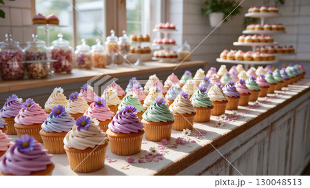 Colorful cupcakes with floral decorations and whipped frosting arranged in rows on a wooden table in a bright candy shop 130048513