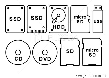 ストレージデバイス アイコンセット｜SSD・HDD・SDカード・USBメモリ・CD・DVDの線画イラ 130048584