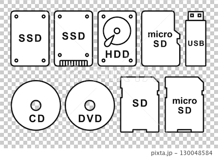 ストレージデバイス アイコンセット｜SSD・HDD・SDカード・USBメモリ・CD・DVDの線画イラ 130048584