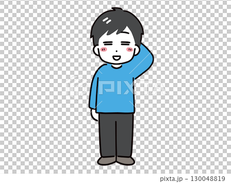 一位身著休閒服的年輕男子微笑著，略顯尷尬（全身，正面） 130048819