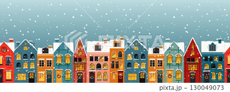 A Charming Winter Village Scene Featuring Colorful Houses Surrounded by Beautiful Snowflakes 130049073