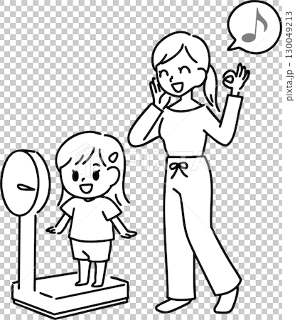 Smiling girl and mother measuring their weight (line drawing) 130049213