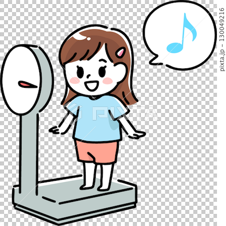 Smiling girl measuring her weight 130049216