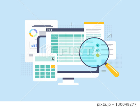 Accounting concept with computer monitor, spreadsheets, financial reports and magnifying glass symbolizing bookkeeping, audit, tax preparation and business performance review vector illustration Accounting concept with computer monitor, spreadsheets, financial reports and magnifying glass symbolizing bookkeeping, audit, tax preparation and business performance review vector illustration 130049277