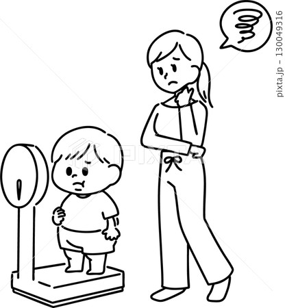 肥満体型に悩む男の子とお母さん(線画) 肥満体型に悩む男の子とお母さん(線画) 130049316
