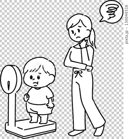 Boy and mother suffering from obesity (line drawing) 130049316