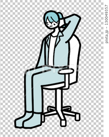 A female office worker touching her neck while sitting in a chair A female office worker touching her neck while sitting in a chair 130049357