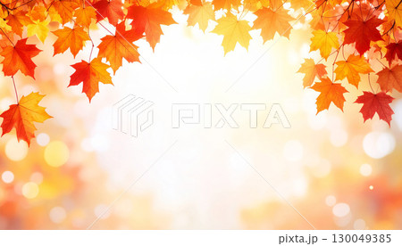 秋色の紅葉が広がるフレーム風背景と黄金色の光 130049385