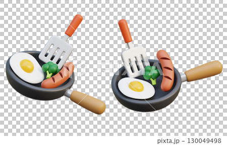 Breakfast in a Pan Fried Eggs, Sausage, and Broccoli Cartoon Style 3D graphic 130049498