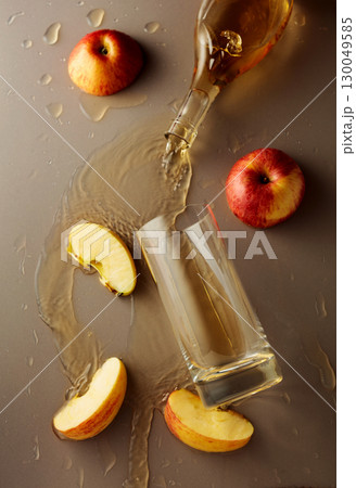 Apple juice is poured into a glass. 130049585