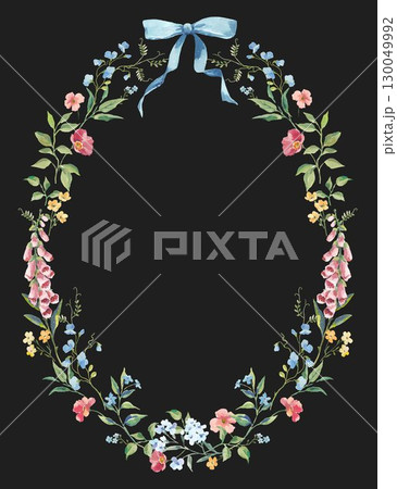 Watercolor Floral Oval Wreath with Blue Ribbon, Hand-Painted Botanical Frame for Wedding Invitations, Greeting Cards, Baby Shower, and Spring Decor 130049992