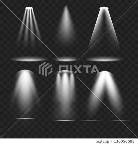 Realistic Spotlight Beam Set. Stage Lighting Effect. Transparent. Vector 130050099