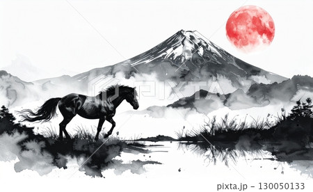馬と富士山の水彩・水墨画イラスト 午年の年賀状素材 馬と富士山の水彩・水墨画イラスト 午年の年賀状素材 130050133