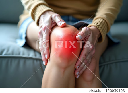 Woman hands touching her knee area. Bone pain, Trauma or Torn ligament in the knee area. Healthcare and medical concept 130050198