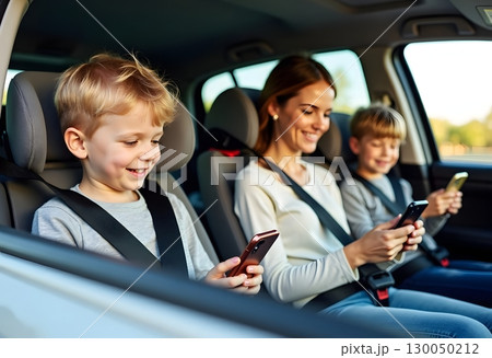 Cute siblings getting along while watching an online video on a smartphone. Happy brother and sister enjoying a movie while sitting in the car Cute siblings getting along while watching an online video on a smartphone. Happy brother and sister enjoying a movie while sitting in the car 130050212