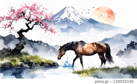 馬と富士山の水彩・水墨画イラスト 午年の年賀状素材 馬と富士山の水彩・水墨画イラスト 午年の年賀状素材 130050336