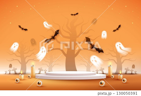 Halloween product podium banner, pumpkins, ghosts, candle, and bat flying, balloons, trees banner design on orange background. scary greeting card, promotion sale website, social media post. vector. Halloween product podium banner, pumpkins, ghosts, candle, and bat flying, balloons, trees banner design on orange background. scary greeting card, promotion sale website, social media post. vector. 130050391