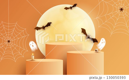 Halloween product podium banner, pumpkins, ghosts, candle, and bat flying, balloons, trees banner design on orange background. scary greeting card, promotion sale website, social media post. vector. 130050393