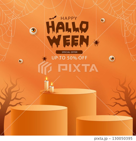 Halloween product podium banner, pumpkins, ghosts, candle, and bat flying, balloons, trees banner design on orange background. scary greeting card, promotion sale website, social media post. vector. 130050395