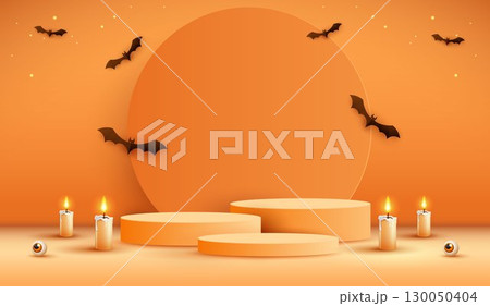 Halloween product podium banner, pumpkins, ghosts, candle, and bat flying, balloons, trees banner design on orange background. scary greeting card, promotion sale website, social media post. vector. 130050404