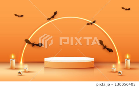 Halloween product podium banner, pumpkins, ghosts, candle, and bat flying, balloons, trees banner design on orange background. scary greeting card, promotion sale website, social media post. vector. Halloween product podium banner, pumpkins, ghosts, candle, and bat flying, balloons, trees banner design on orange background. scary greeting card, promotion sale website, social media post. vector. 130050405