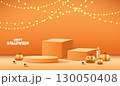 Halloween product podium banner, pumpkins, ghosts, candle, and bat flying, balloons, trees banner design on orange background. scary greeting card, promotion sale website, social media post. vector. 130050408