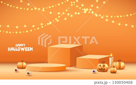 Halloween product podium banner, pumpkins, ghosts, candle, and bat flying, balloons, trees banner design on orange background. scary greeting card, promotion sale website, social media post. vector. 130050408