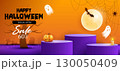 Halloween product podium banner, pumpkins, ghosts, candle, and bat flying, balloons, trees banner design on orange background. scary greeting card, promotion sale website, social media post. vector. 130050409