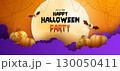 Halloween product podium banner, pumpkins, ghosts, candle, and bat flying, balloons, trees banner design on orange background. scary greeting card, promotion sale website, social media post. vector. 130050411