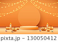 Halloween product podium banner, pumpkins, ghosts, candle, and bat flying, balloons, trees banner design on orange background. scary greeting card, promotion sale website, social media post. vector. 130050412