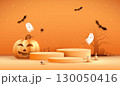 Halloween product podium banner, pumpkins, ghosts, candle, and bat flying, balloons, trees banner design on orange background. scary greeting card, promotion sale website, social media post. vector. 130050416