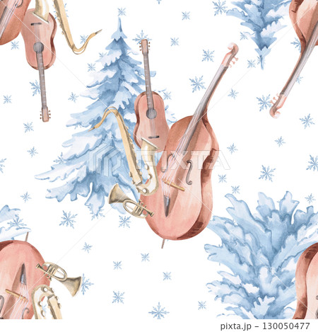 Seamless pattern with musical instruments, fir trees and snowflakes. Watercolor illustration on the theme of Christmas for packaging, interiors, printing on fabric, invitations. 130050477