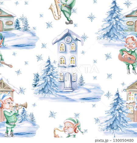 Seamless pattern with fairy elves musicians and winter houses. Watercolor illustration on the theme of Christmas for the design of holiday packaging, interiors, printing on fabric,invitations. 130050480