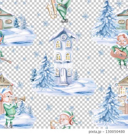 Seamless pattern with fairy elves musicians and winter houses. Watercolor illustration on the theme of Christmas for the design of holiday packaging, interiors, printing on fabric,invitations. 130050480