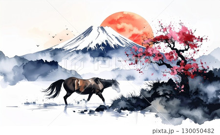 馬と富士山の水彩・水墨画イラスト  午年の年賀状素材 130050482