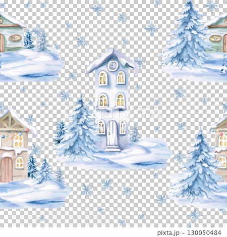 Seamless pattern with fairytale winter houses. Watercolor illustration on the Christmas theme for decorating holiday packaging, interiors, printing on fabric, posters, invitations. 130050484