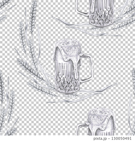 Seamless pattern with a glass of foamy beer and ears of barley. Pencil illustration on the theme of beer for decorating the interior of bars, menus, packaging, beer holidays and parties. 130050491