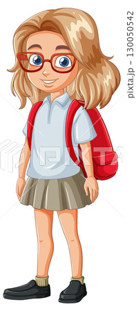 Smiling Schoolgirl with Red Backpack and Glasses Smiling Schoolgirl with Red Backpack and Glasses 130050542