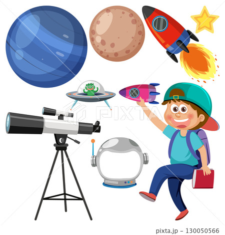 Child Exploring Space With Telescope and Rocket Toys 130050566