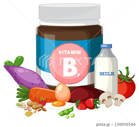 Vitamin B7 Supplement with Natural Food Sources Illustration Vitamin B7 Supplement with Natural Food Sources Illustration 130050584