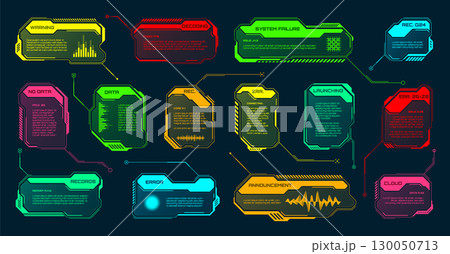 Futuristic HUD or UI elements. Sci-fi user interface text boxes, callouts. Colorful warning message frame, information boxes template. Modern game interface layout, digital style. Vector illustration 130050713