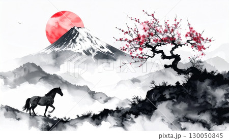 馬と富士山の水彩・水墨画イラスト  午年の年賀状素材 130050845