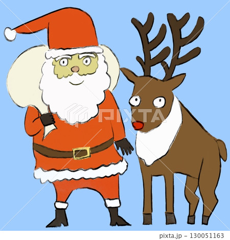 プレゼントを持ったサンタクロースとトナカイ(水色背景) 130051163