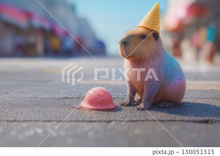 whimsy and surrealism pastel-colored capybara standing on a city street, sporting an upside-down ice cream cone on its head like a quirky little hat. dreamy magical appearance. summertime vibes 130051315