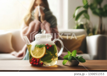 a herbal tea for flu, that includes mint leaves, an and some red berries. blurred background woman with a cold blows her nose into a tissue, big grey scarf, 130051353