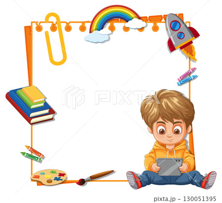 Young Boy Using Tablet with Colorful School Frame 130051395